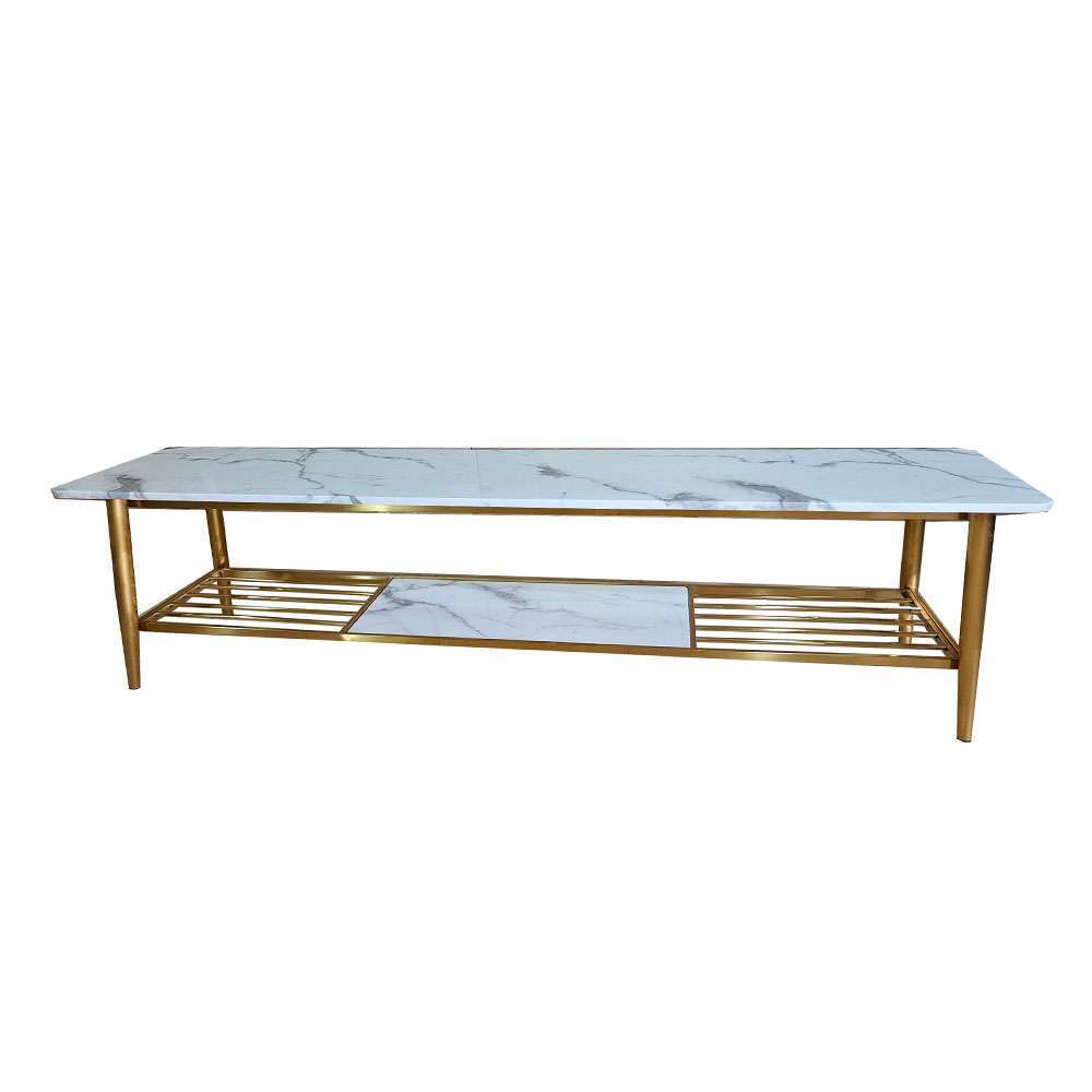 Marble TV Stand with Storage Shelf and Steel Gold Legs Finish 0