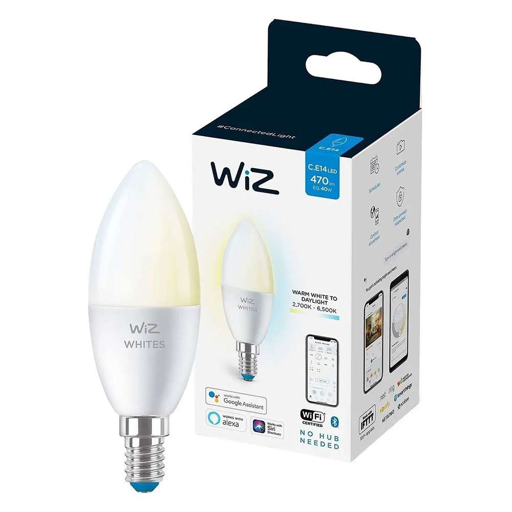 لمبة ليد ذكية (WiZ) واي فاي و بلوتوث استطاعة (40W) بقاعدة (E14) نوع (C37) و شدة إنارة (927-6500K) لون (Tunable White) ضمن عبوة واحدة