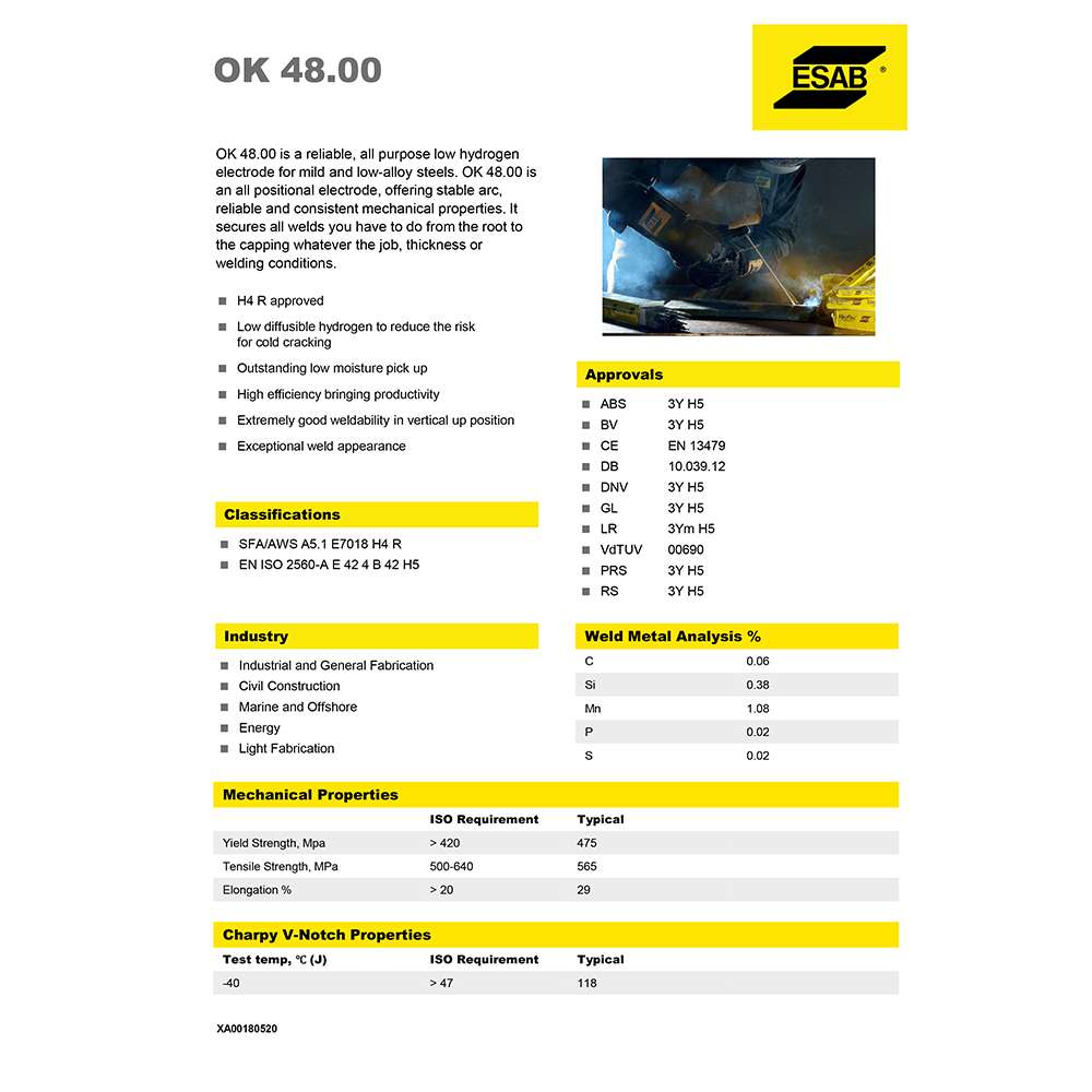 ESAB Welding Electrode OK 48.00 2.5x350mm - SFA/AWS A5.1 E7018 H4 R EN ISO 2560-A E 42 4 B 42 H5 5