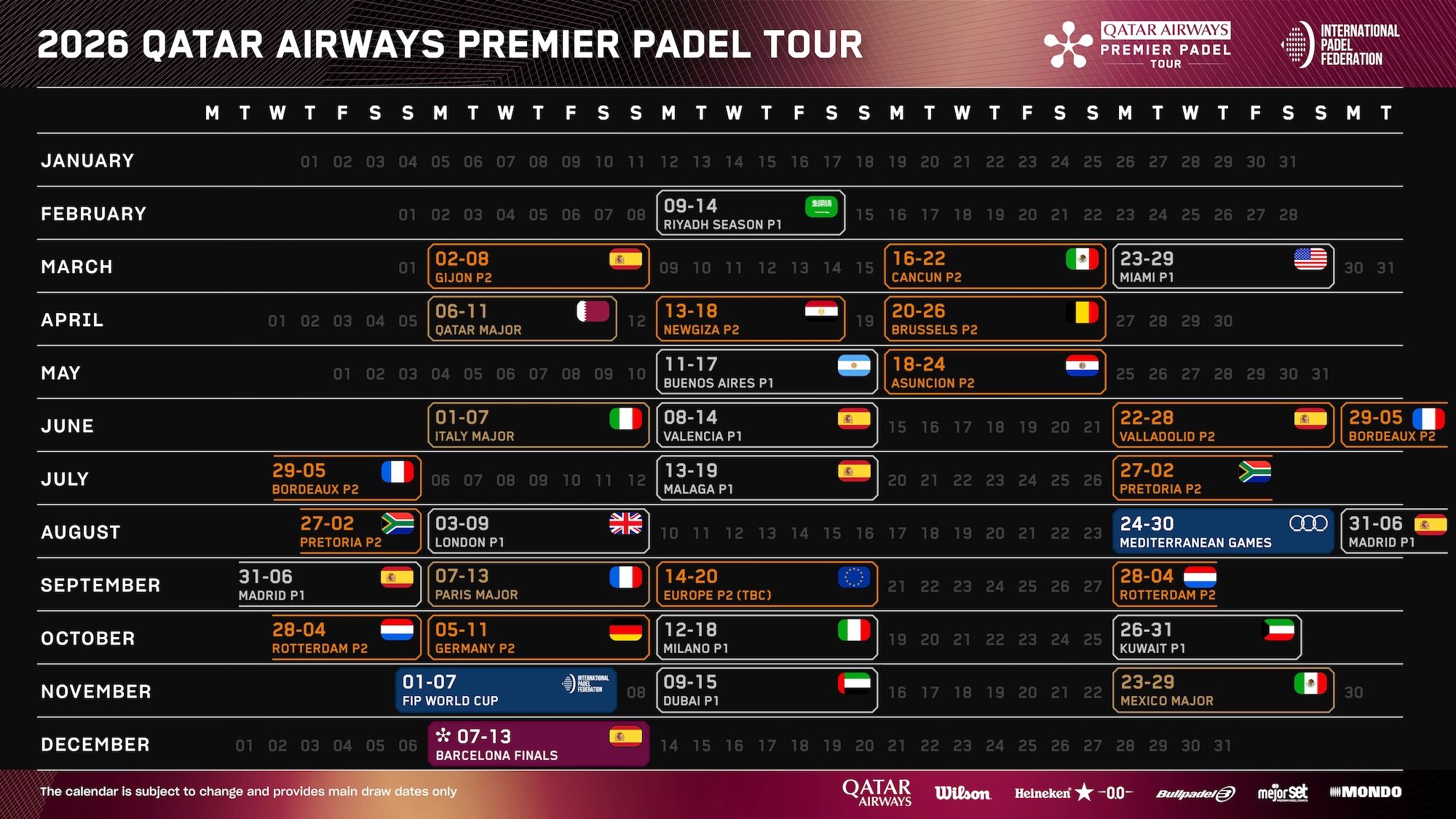 Calendario Premier Padel 2026