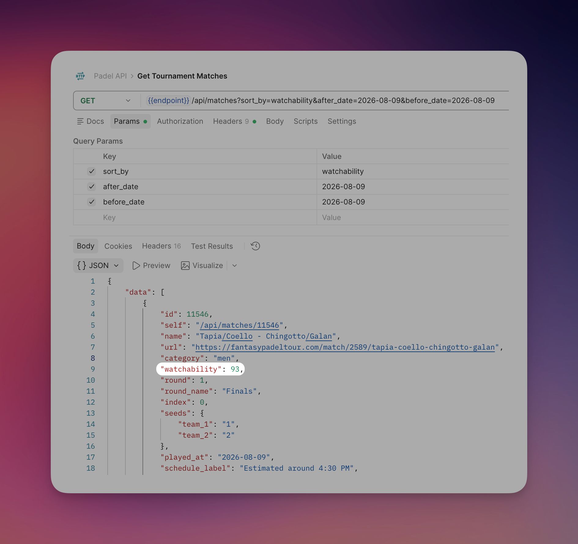 Padel API Watchability