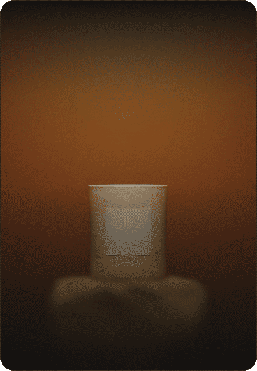 Minimalist beige candle in a frosted glass jar with a blank label on a stone pedestal against a warm orange background.