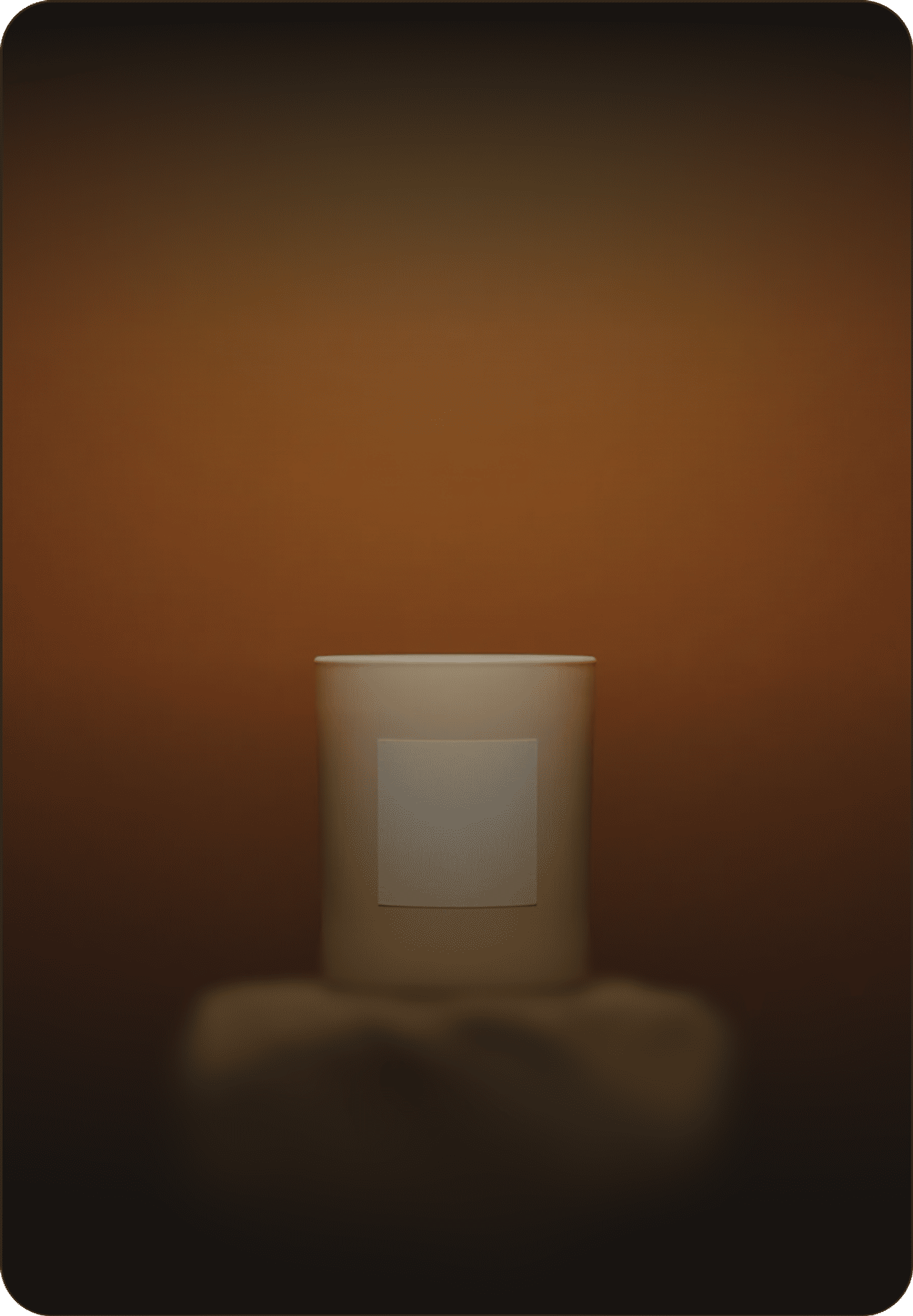 Minimalist beige candle in a frosted glass jar with a blank label on a stone pedestal against a warm orange background.