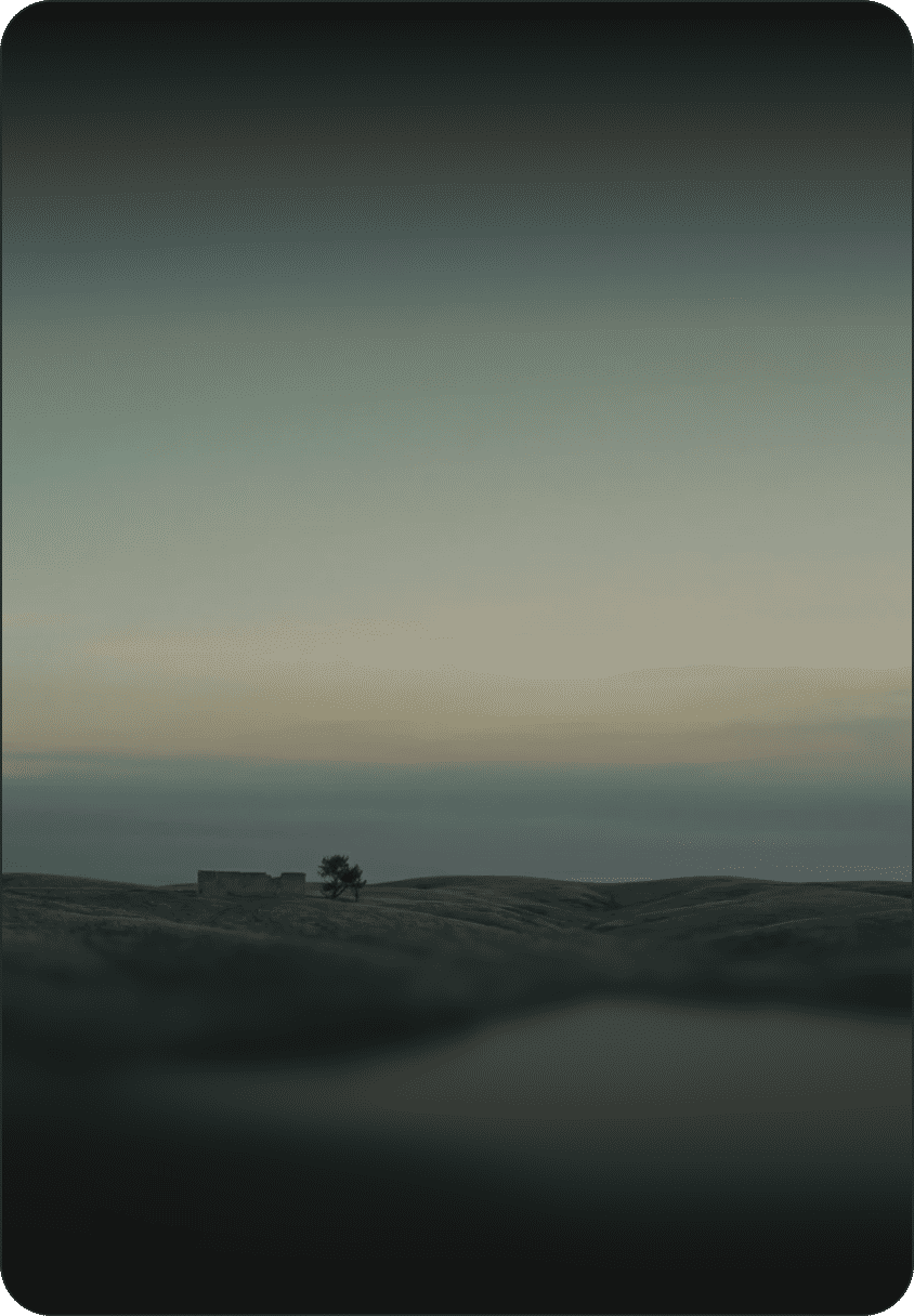 Calm pond among rolling grassy hills at dusk with a small ruin and lone tree under a pastel sky.