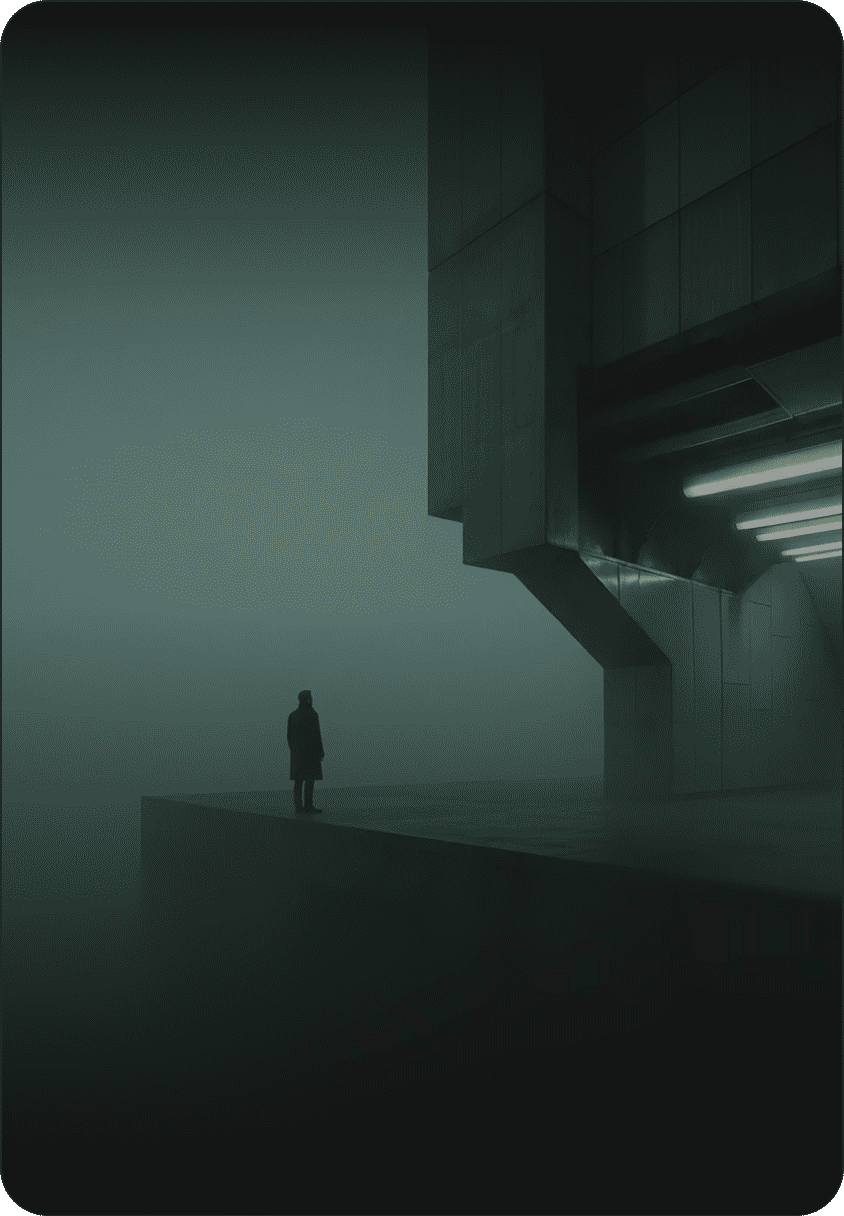 Silhouetted figure stands on a fog-shrouded concrete ledge beside a green-lit brutalist structure.