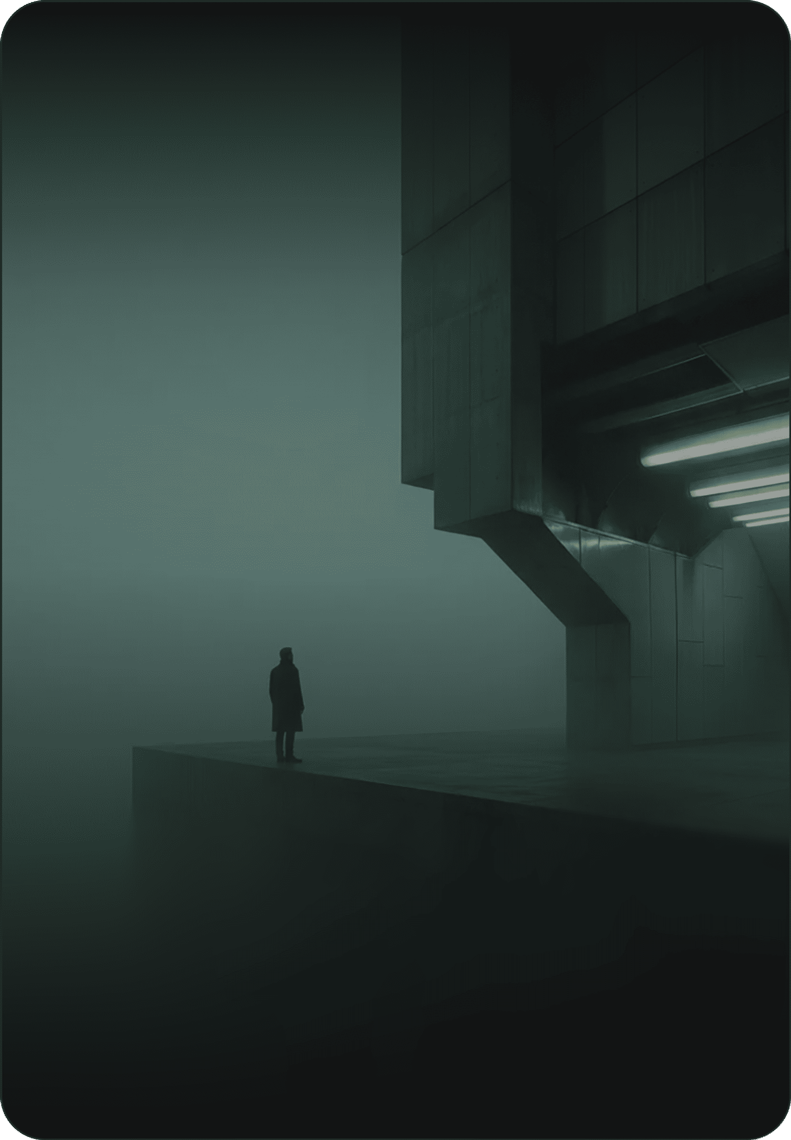 Silhouetted figure stands on a fog-shrouded concrete ledge beside a green-lit brutalist structure.