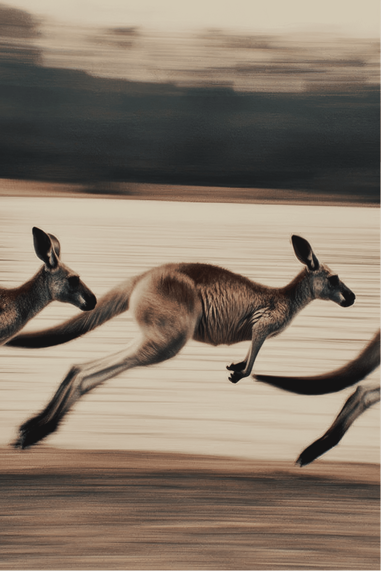 Three kangaroos bounding across a sandy shoreline with motion blur conveying speed.
