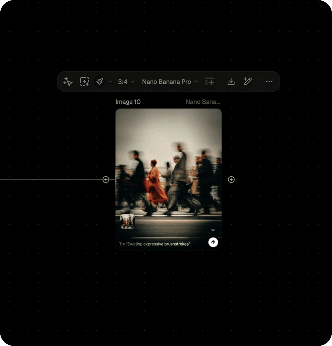 Design app interface showing a preview of a motion‑blurred street scene with a person in a red coat walking among a crowd.