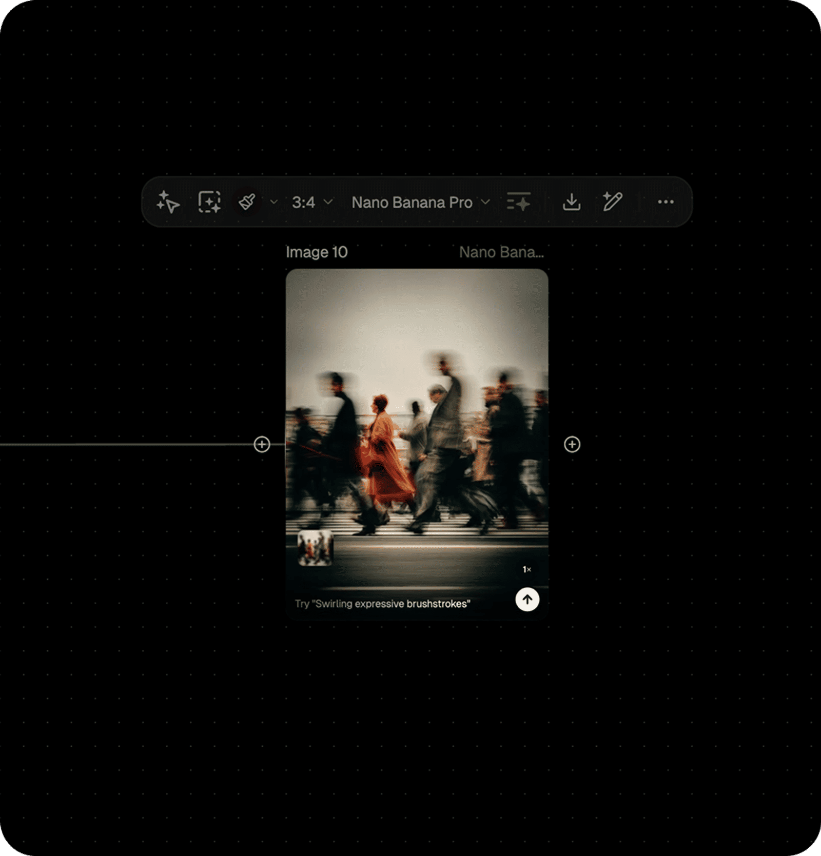 Design app interface showing a preview of a motion‑blurred street scene with a person in a red coat walking among a crowd.