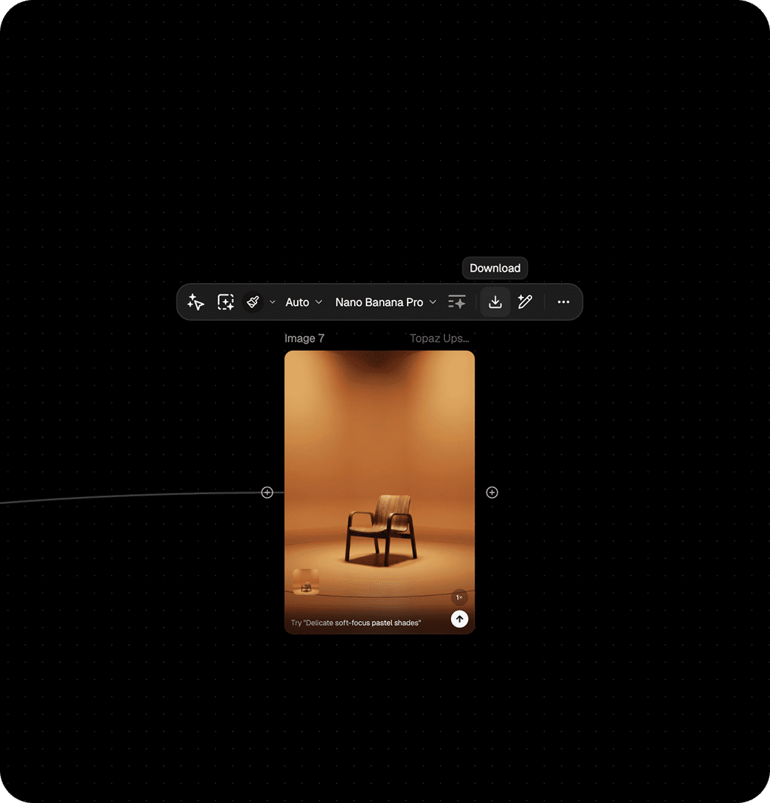 Design app interface with a top toolbar and a thumbnail of a wooden chair against an orange studio backdrop.