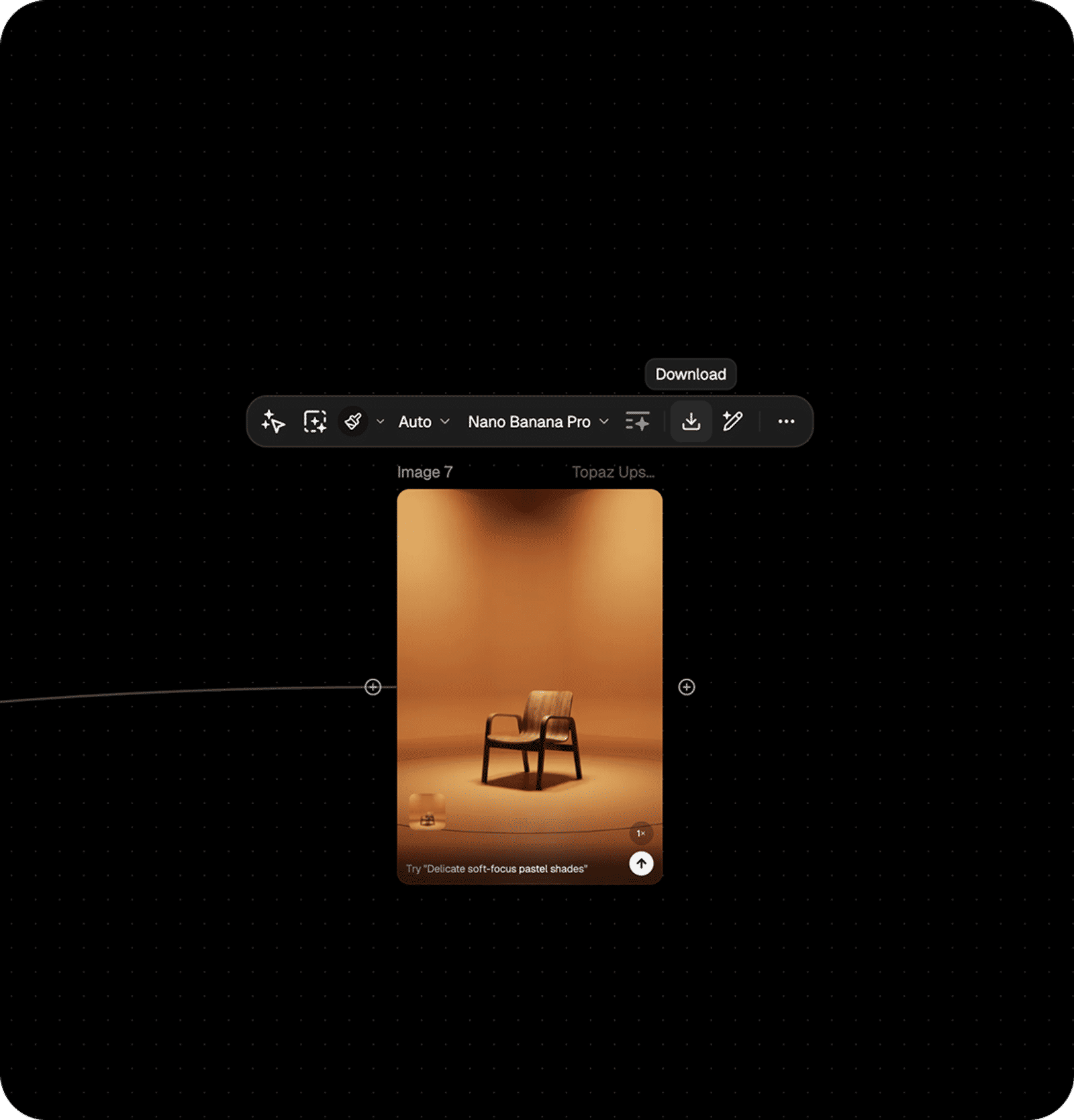 Design app interface with a top toolbar and a thumbnail of a wooden chair against an orange studio backdrop.