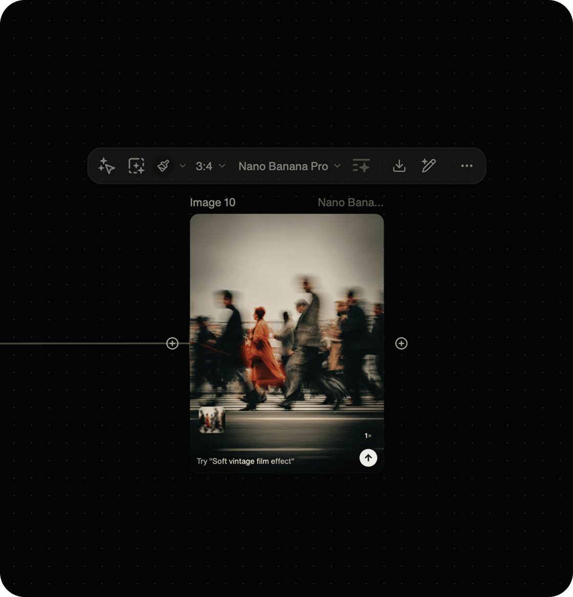 Design app interface showing a preview of a motion‑blurred street scene with a person in a red coat walking among a crowd.