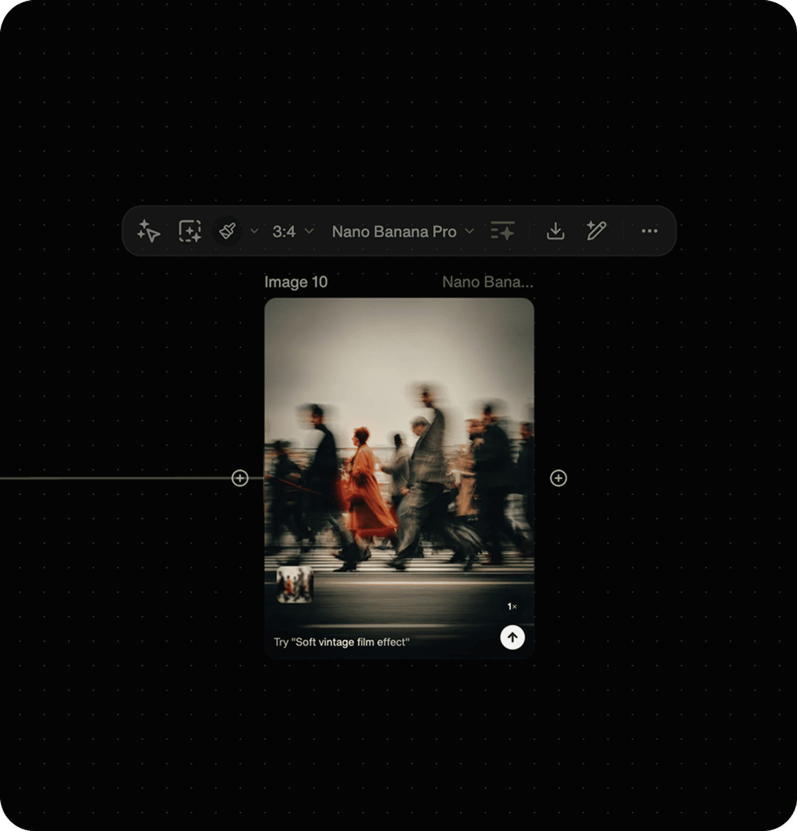 Design app interface showing a preview of a motion‑blurred street scene with a person in a red coat walking among a crowd.