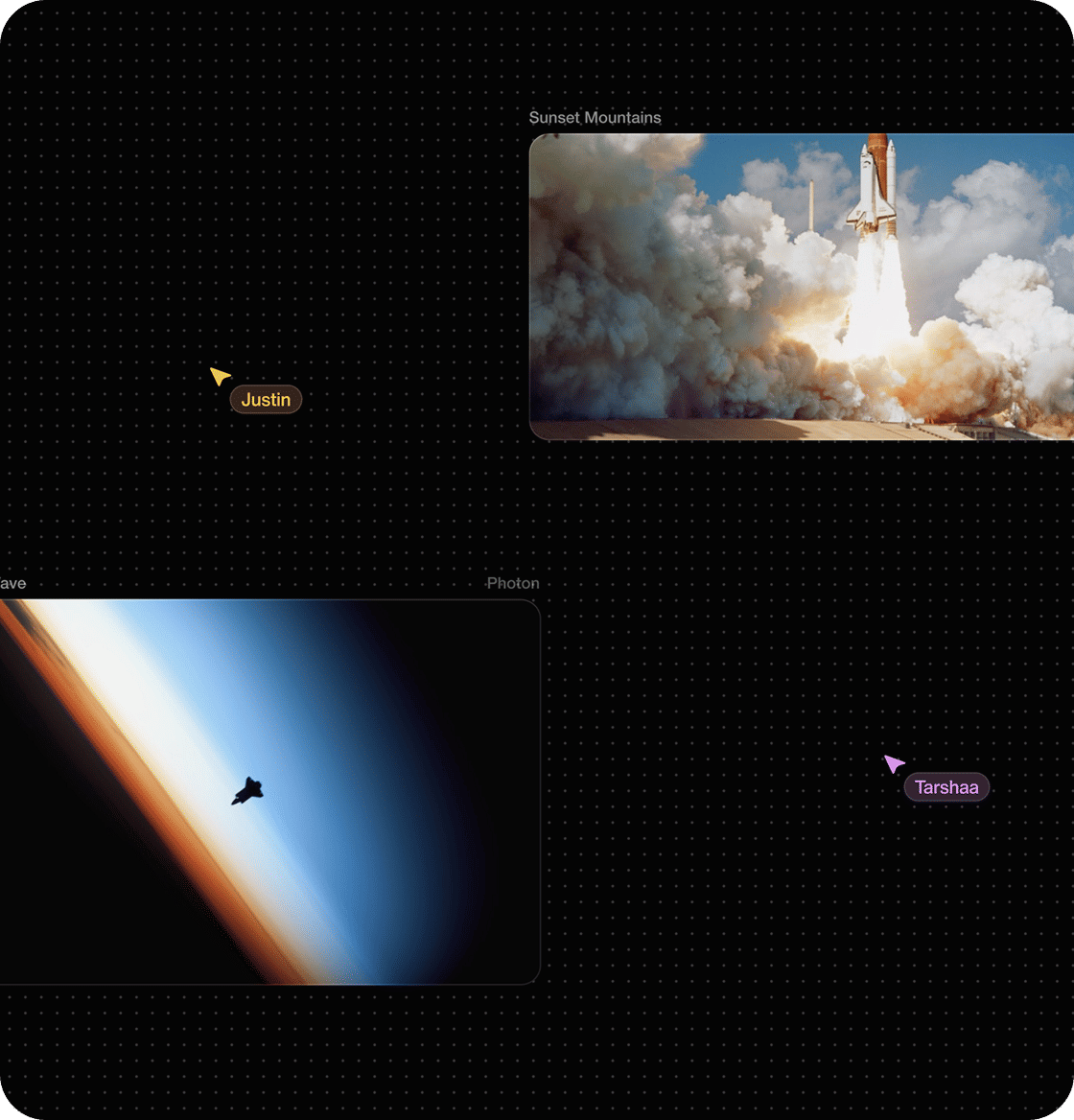 Dark grid collaboration canvas showing a rocket launching amid smoke and a small spacecraft silhouette over Earth, with cursors labeled Justin and Tarshaa.
