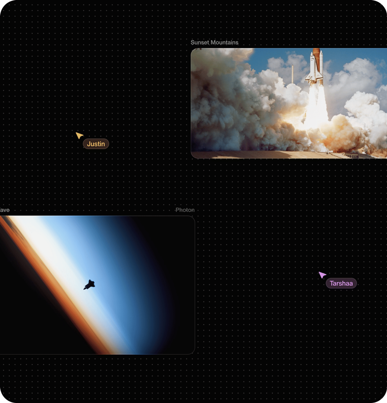 Dark grid collaboration canvas showing a rocket launching amid smoke and a small spacecraft silhouette over Earth, with cursors labeled Justin and Tarshaa.