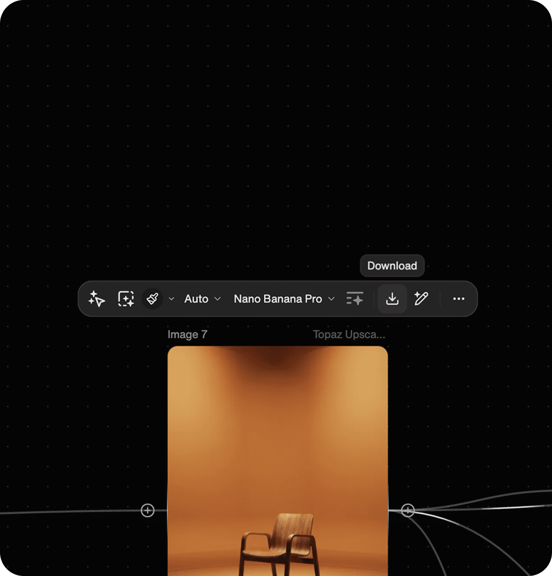 Design app interface with a top toolbar and a thumbnail of a wooden chair against an orange studio backdrop.
