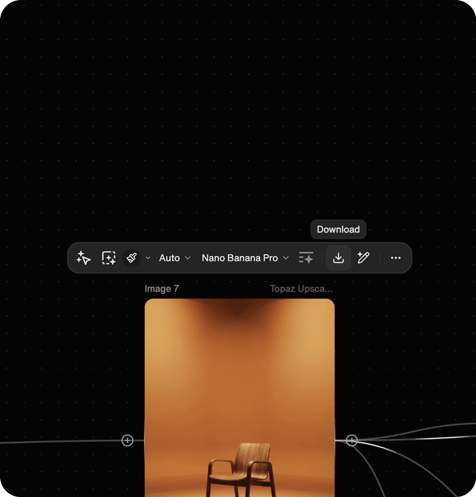 Design app interface with a top toolbar and a thumbnail of a wooden chair against an orange studio backdrop.