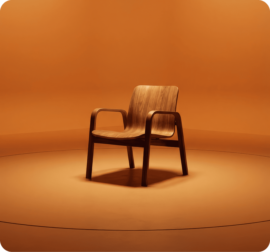 Mid-century style wooden chair with curved armrests in a minimalist orange studio setting.