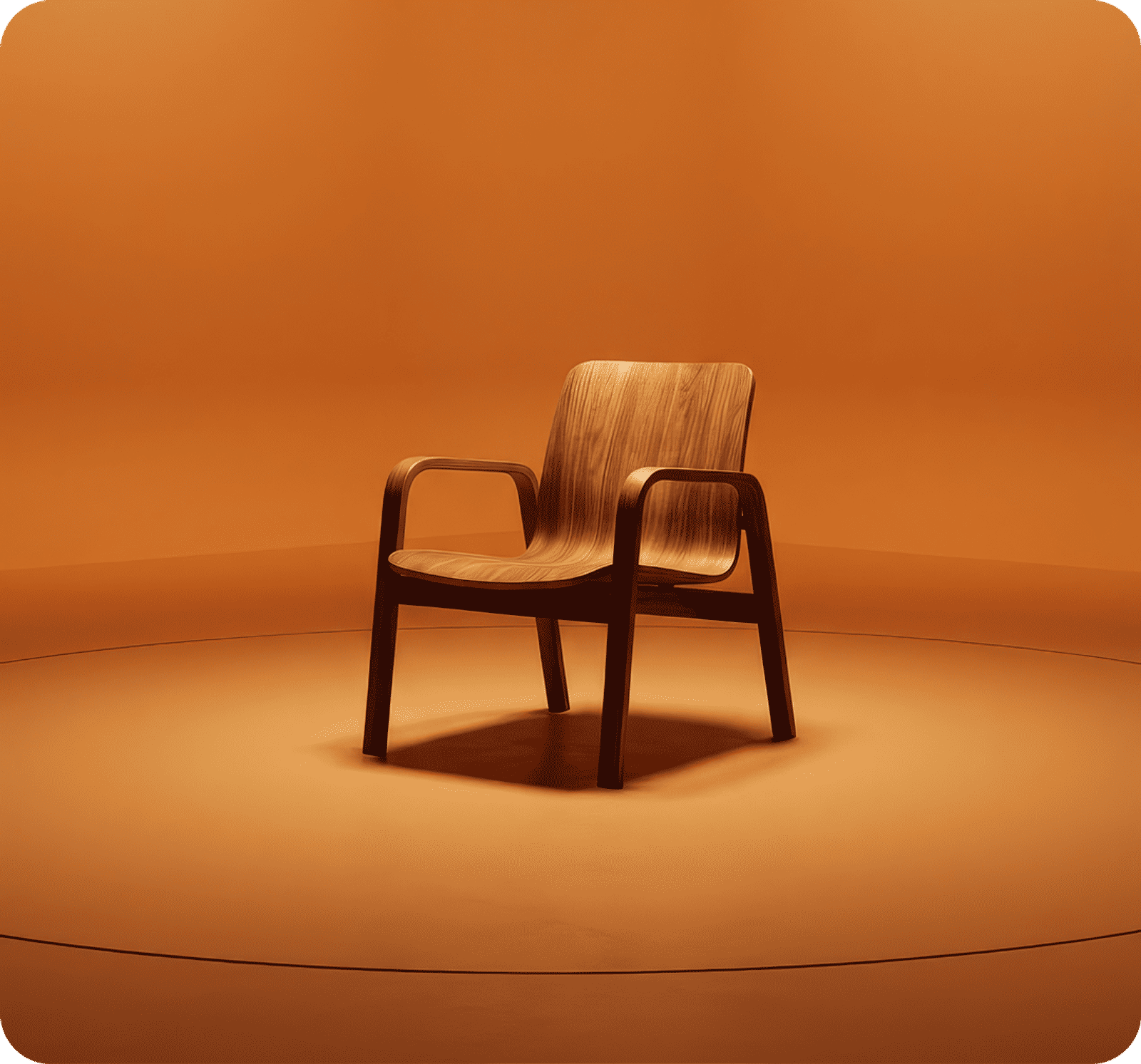 Mid-century style wooden chair with curved armrests in a minimalist orange studio setting.
