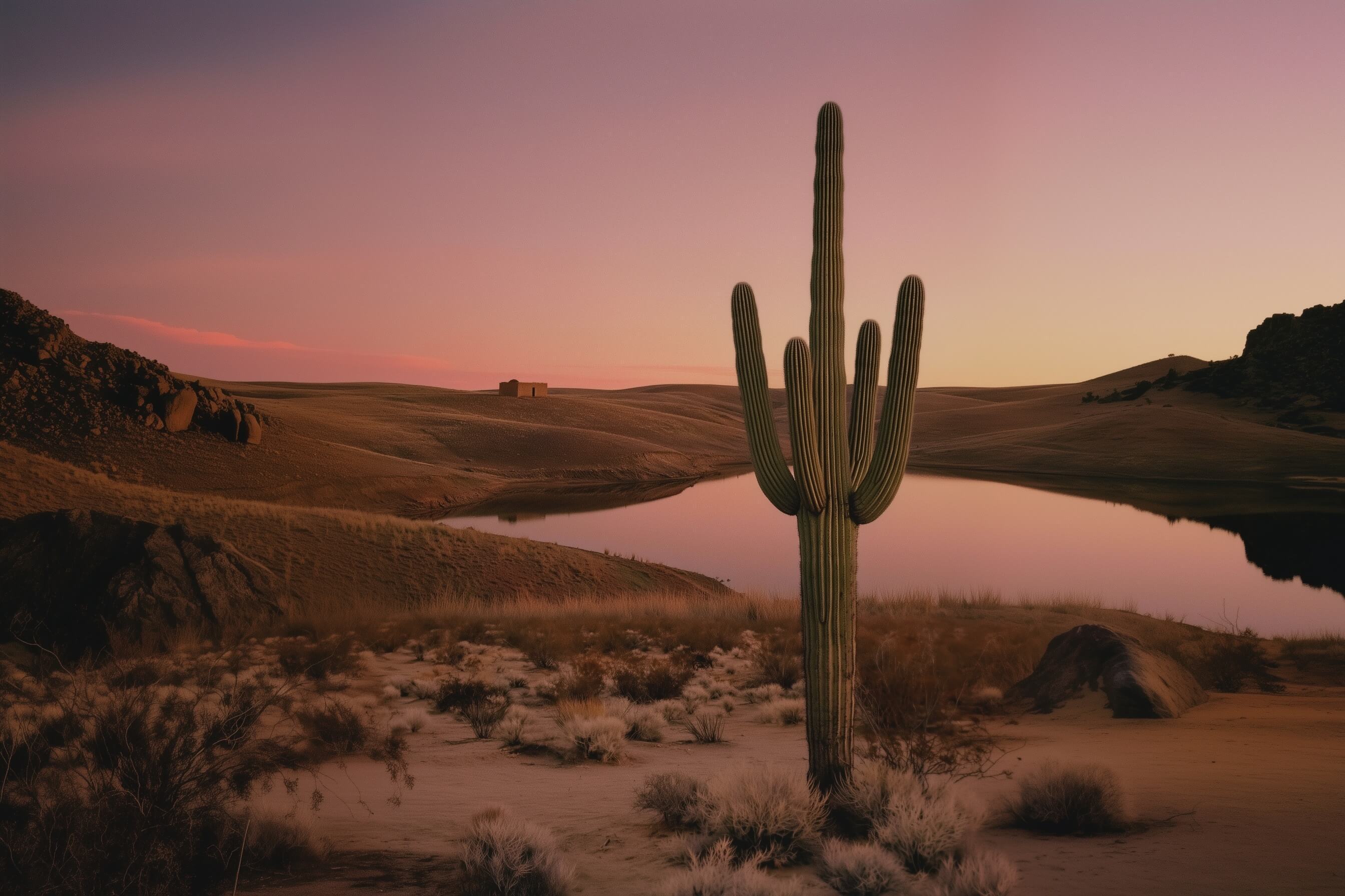 Saguaro cactus by a reflective desert lake at sunset with rolling hills and a small adobe building in the distance.