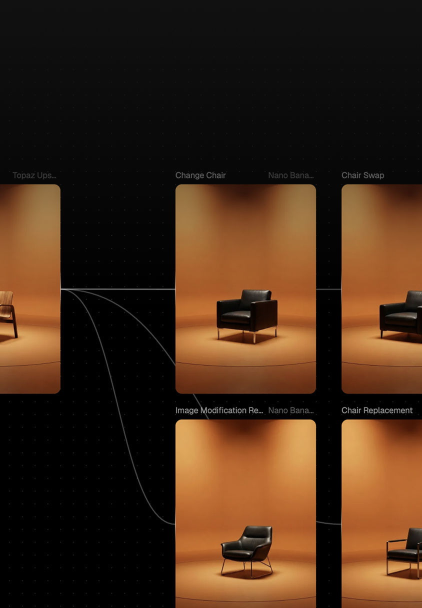 Design tool interface showing a node-based workflow with thumbnails of a black armchair on an orange studio backdrop.