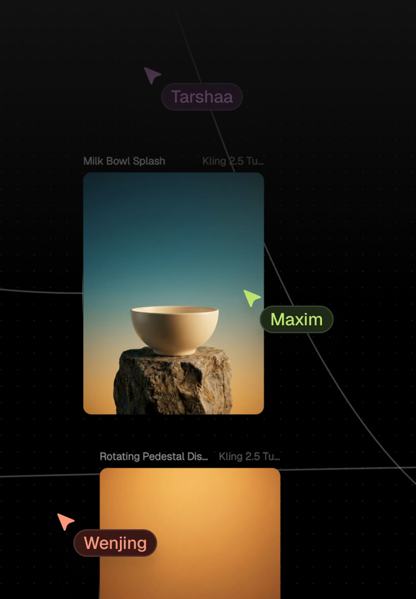 Design tool interface showing a node-based workflow with thumbnails of a black armchair on an orange studio backdrop.