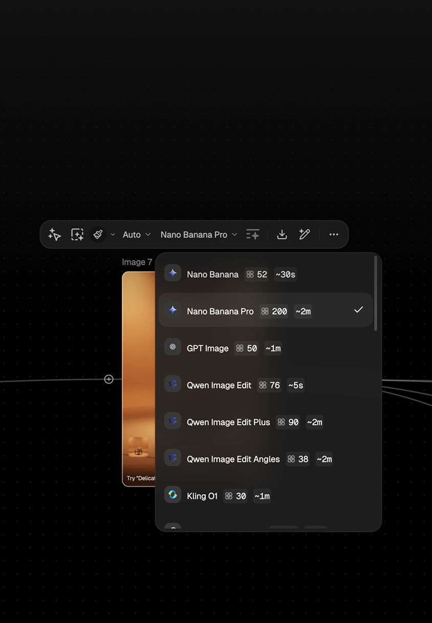 Dark interface with a dropdown model selector showing Nano Banana Pro selected among image generation options with estimated processing times.