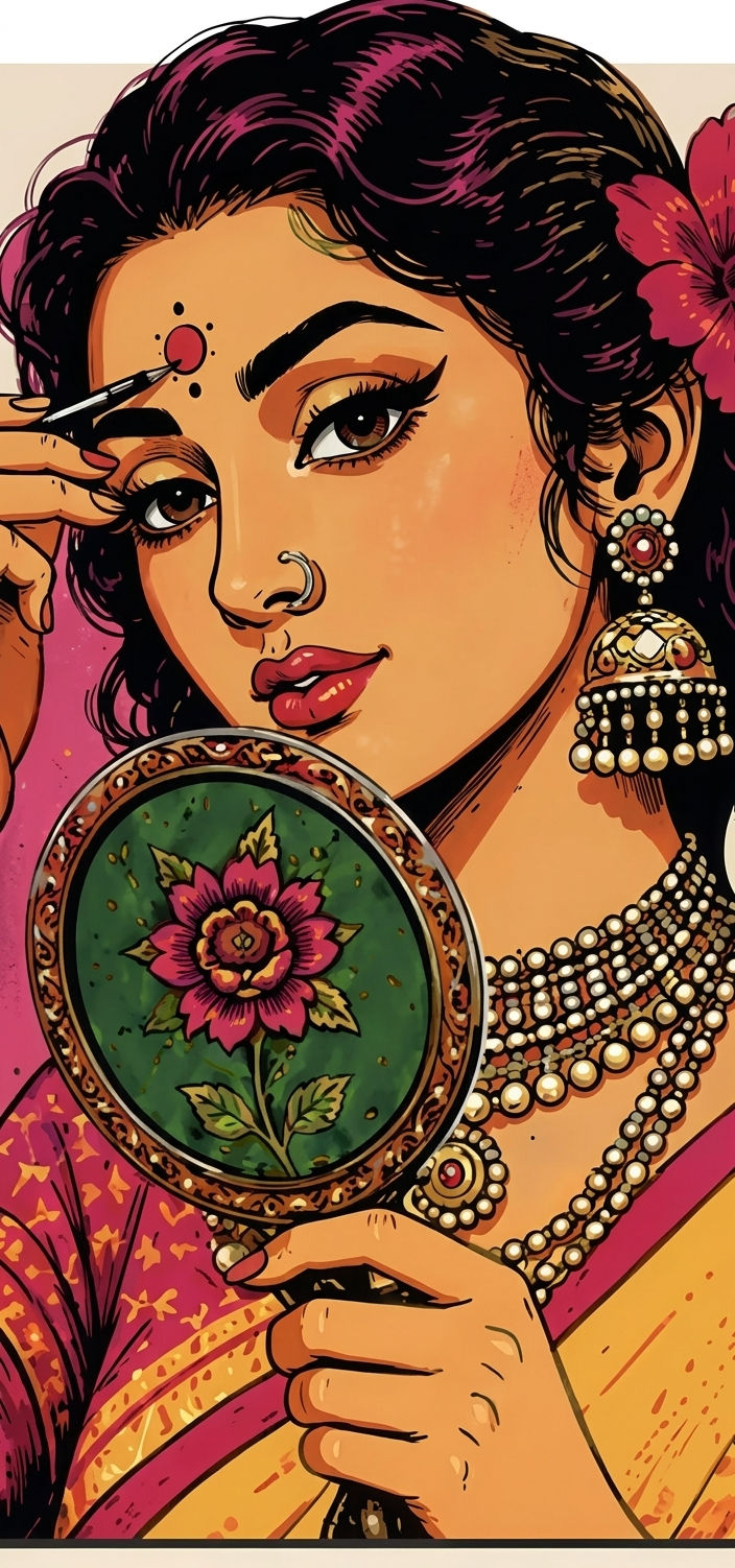 Woman applying a bindi, holding a mirror