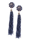 YouBella Navy Gold-Plated Stone-Studded Floral-Shaped Tasselled Drop Earrings