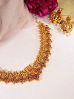 22K Gold Plated Handcrafted Faux Ruby Stone with Gold Beads Traditional Necklace Set