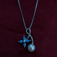 Light Blue Gemstone Flower and Pearl Ribbon Necklace
