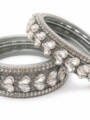 Premium Silver-Tone Crystal Stone Bangles Set (Pack of 6)
