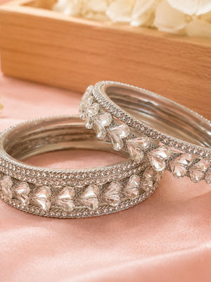 Premium Silver-Tone Crystal Stone Bangles Set (Pack of 6)