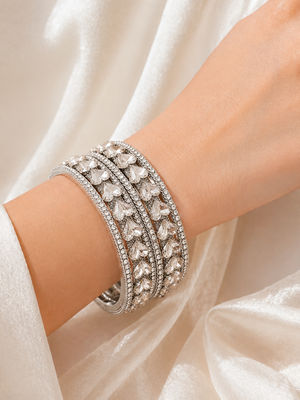 Premium Silver-Tone Crystal Stone Bangles Set (Pack of 6)