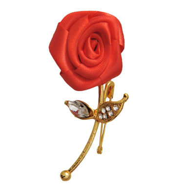 Red Embelished Flower with Equisite Gold Leaf Boutonniere Lapel Pin Brooch for Men In Gift Box