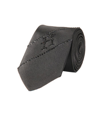 Black Stone Embelished Monogram Designer Microfiber Partywear and Wedding Tie for Men