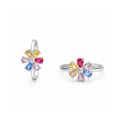 Rainbow Gemstone Floral Silver Toe Ring Set