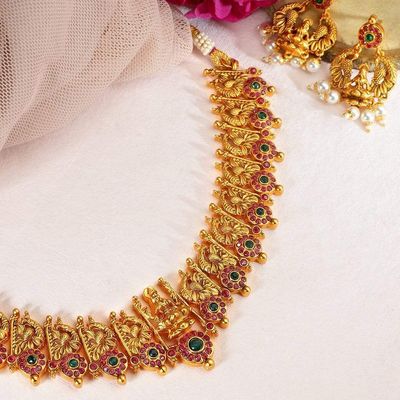 22K Gold Plated Handcrafted Faux Ruby Stone with Gold Beads Traditional Necklace Set