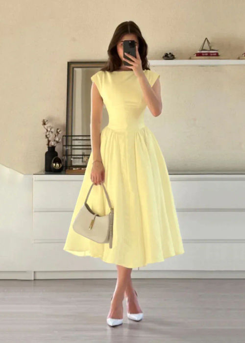 Cap Sleeve Fit & Flare A-Line Midi Dress in Vanilla