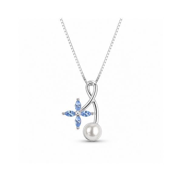 Light Blue Gemstone Flower and Pearl Ribbon Necklace
