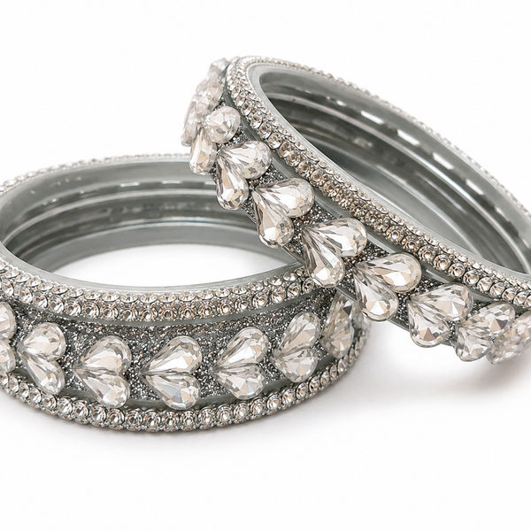 Premium Silver-Tone Crystal Stone Bangles Set (Pack of 6)