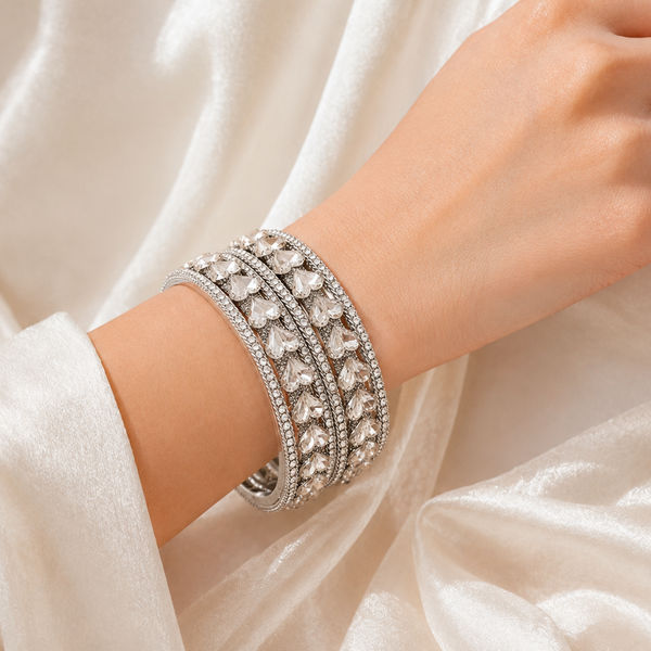 Premium Silver-Tone Crystal Stone Bangles Set (Pack of 6)