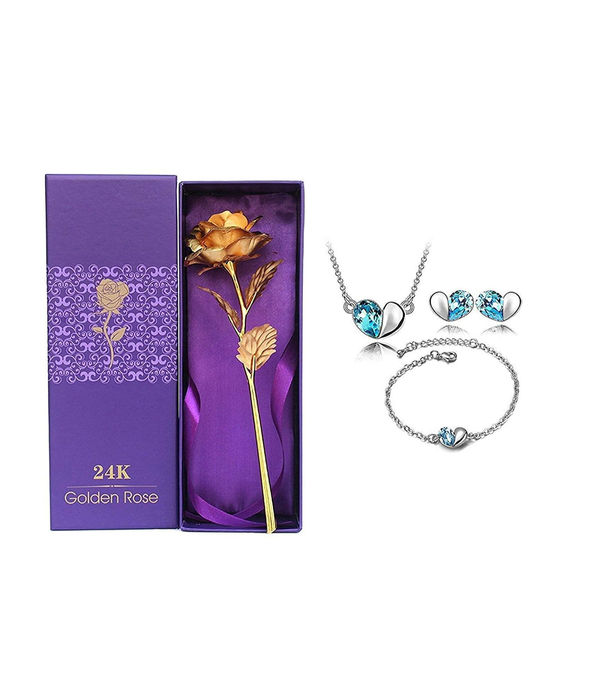 Valentine YouBella Jewellery Combo of Gold Plated Rose Flower,Heart Shape Crystal Pendant Necklace, Fancy Earrings and Bangle Bracelets for Girls and Women