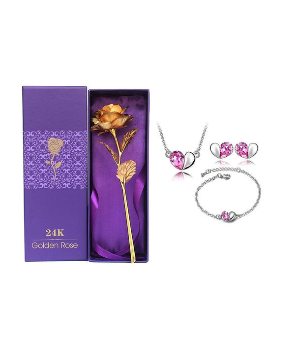 Valentine YouBella Jewellery Combo of Gold Plated Rose Flower,Heart Shape Crystal Pendant Necklace, Fancy Earrings and Bangle Bracelets for Girls and Women