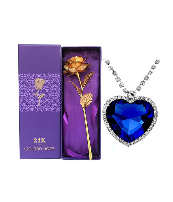 Valentine YouBella Jewellery Combo of Heart Crystal Pendant Necklace for Women and Girls and Gold Plated Rose Flower