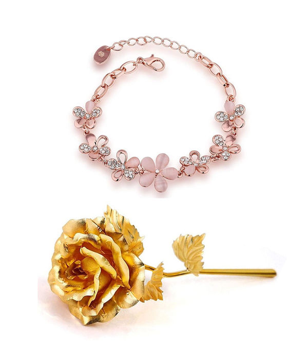 Valentine YouBella Jewellery Combo of Gold Plated Rose Flower and Charm Bangle Bracelet for Girls/Women