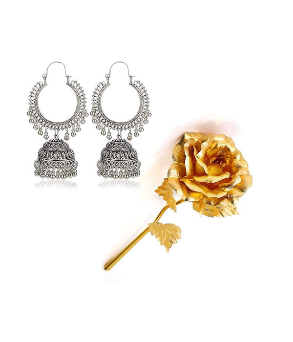 Valentine YouBella Jewellery Combo of Gold Plated Rose Flower and Stylish Jhumka Earrings for Girls/Women