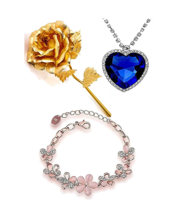 Valentine YouBella Jewellery Combo of Heart Crystal Pendant Necklace for Women and Girls, Gold Plated Rose Flower and Crystal Jewellery Bangle Bracelet for Girls