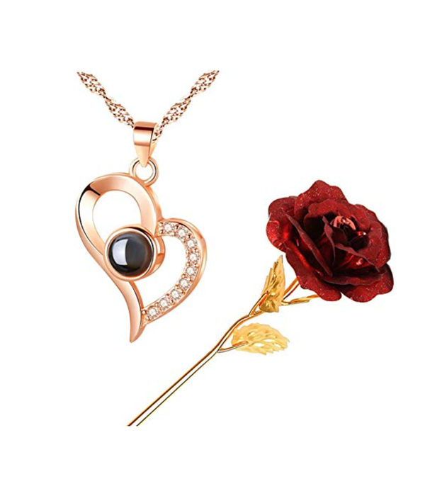 Valentine YouBella Jewellery Combo of Gold Plated Rose Flower and I Love You in 100 Languages Pendant Necklace for Women and Girls