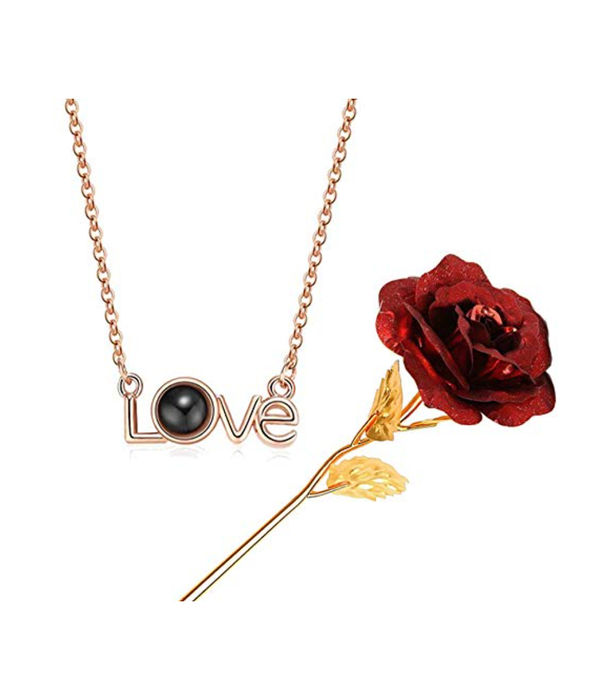 Valentine YouBella Jewellery Combo of Gold Plated Rose Flower and I Love You in 100 Languages Pendant Necklace for Women and Girls